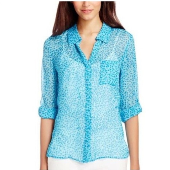Diane von Furstenberg Silk Lorelei Roll Tab Sleeve Blouse Sz 12 Blue Spotted 22 - Picture 1 of 13